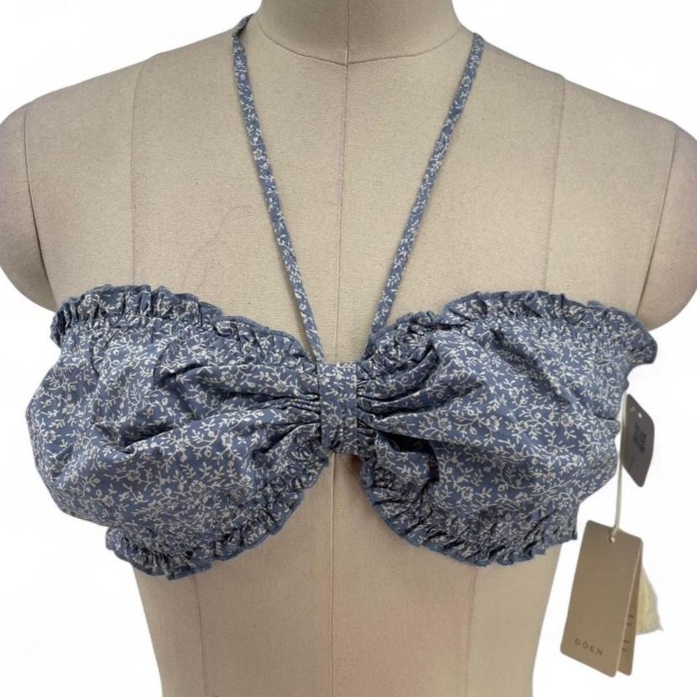 DÔEN Women's Blue and White Crop-top Size Large